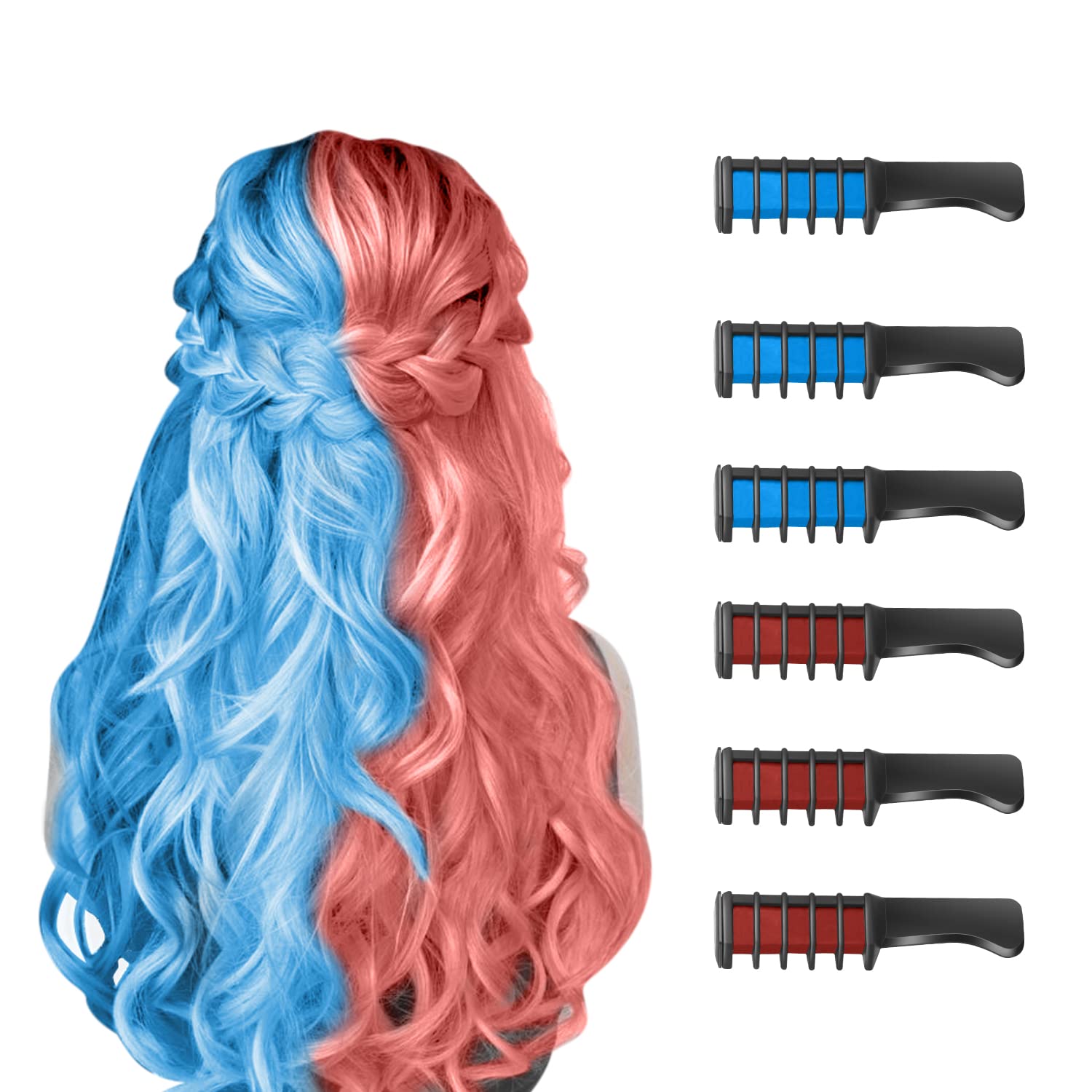Bunte Haarfarbe Kämme Set, temporäre Kreide, blau und rot, für DIY Haarstyling.