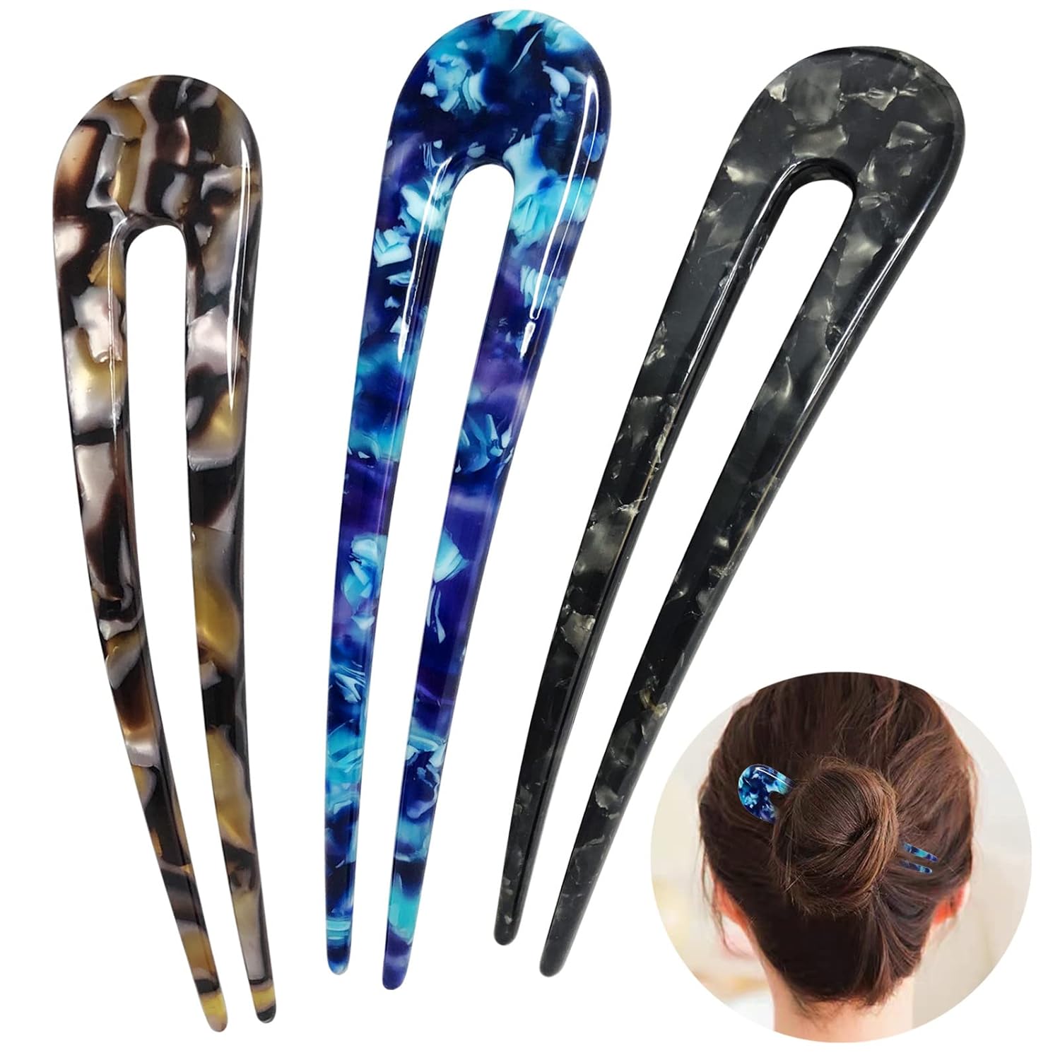 Drei Haarstäbe aus Acryl in Marmoroptik, braun, blau, schwarz, für Hochsteckfrisuren.