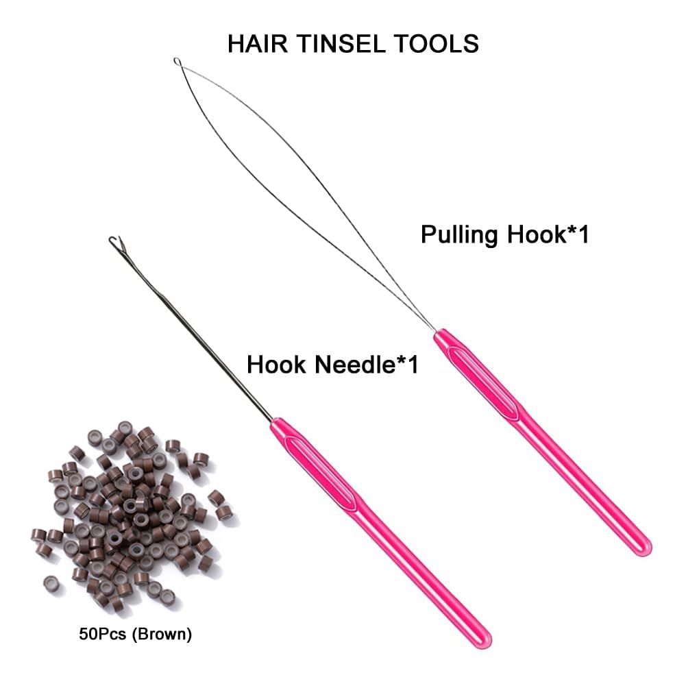 Haar Tinsel Werkzeuge Set, rosa Haken Nadel, Zug Haken, 50 braune Perlen, Haarverlängerung.