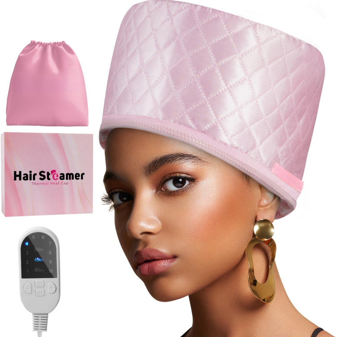 Rosa Haar-Dampfkappe aus Satin mit Fernbedienung, ideal für Haarpflege und Feuchtigkeitsbehandlung.