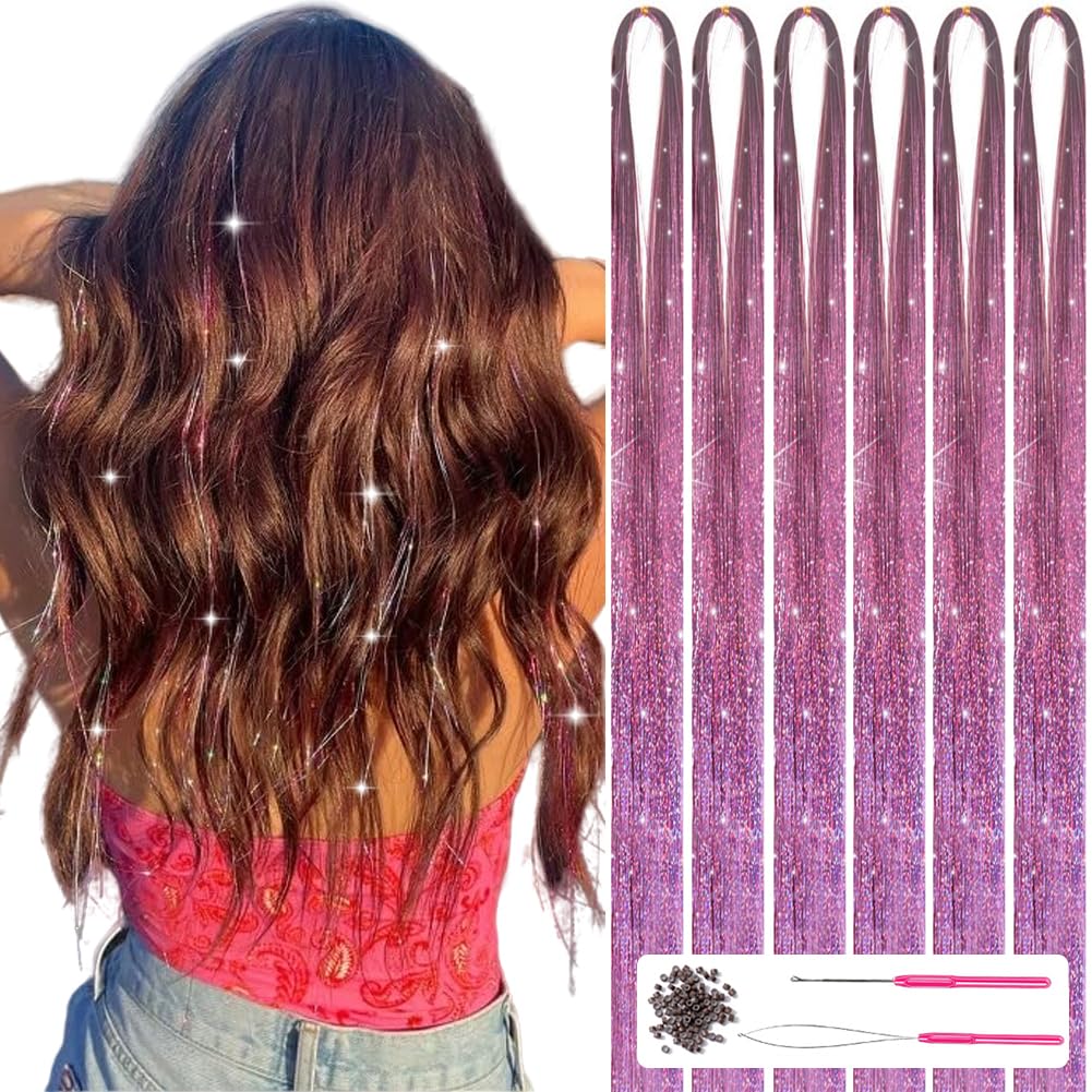 Frau mit braunen Haaren und rosa Haarsträhnen, Haarverlängerung Set, Glitzer, DIY Frisur.