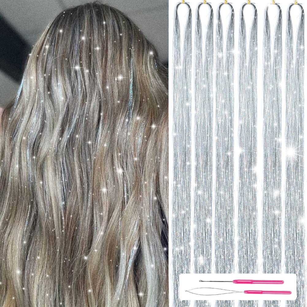 Haarverlängerung Set, silberne Glitzersträhnen, Häkelnadeln, DIY Haarstyling Zubehör