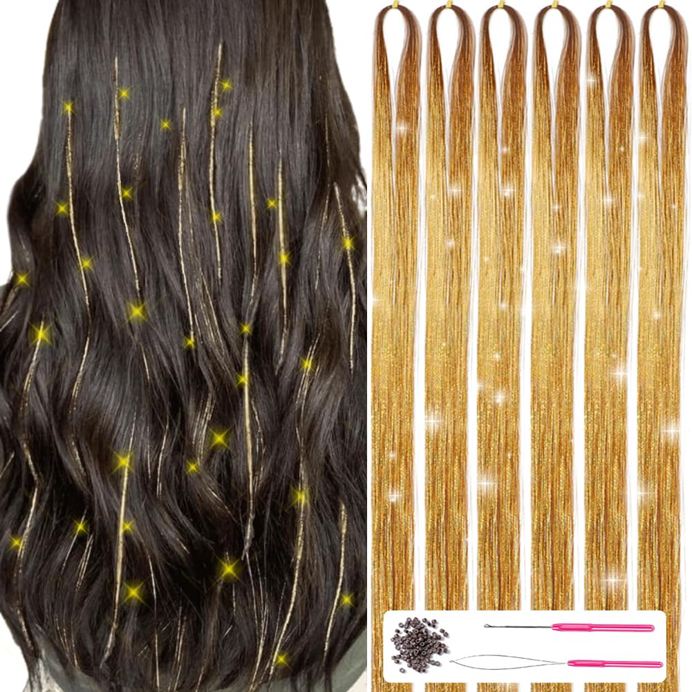 Braune Haarverlängerungen mit goldenen Strähnen, Häkelnadel, Perlen, DIY Haarstyling-Set.