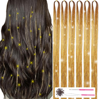Braune Haarverlängerungen mit goldenen Strähnen, Häkelnadel, Perlen, DIY Haarstyling-Set.