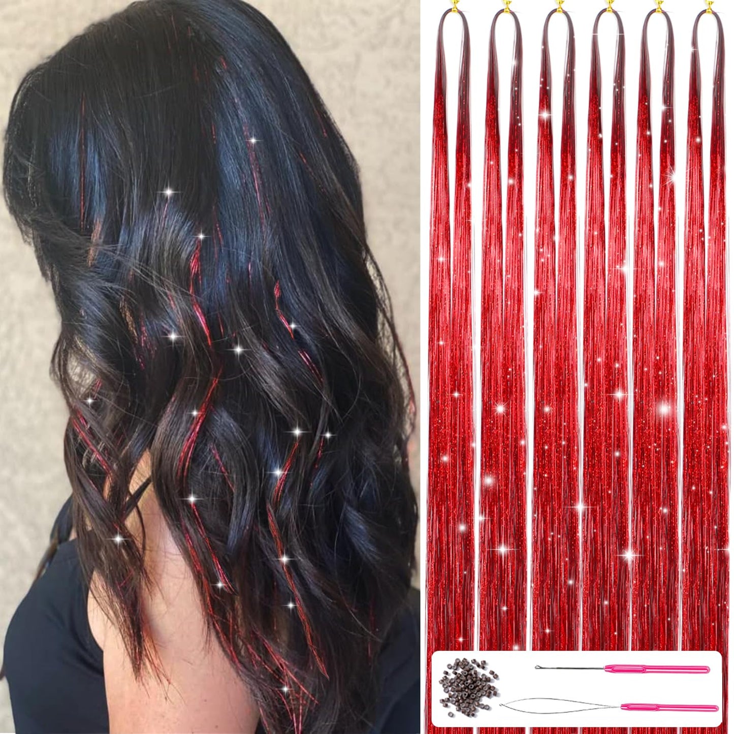Rote Haarsträhnen Extensions Set mit Werkzeug, glänzend, für festliche Frisuren.