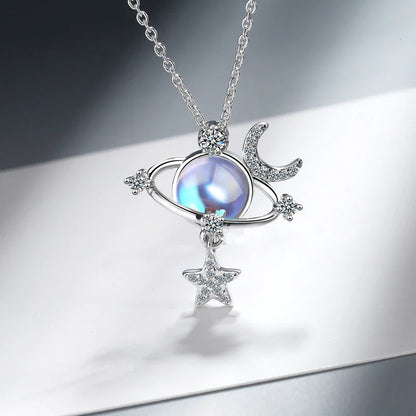 Silberne Halskette mit Planetenanhänger, Mond und Stern, Zirkonia, Damen-Schmuck.