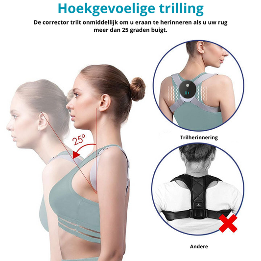 Frau mit Haltungskorrektor, graues Design, Vibrationserinnerung, Rückenhaltung verbessern.