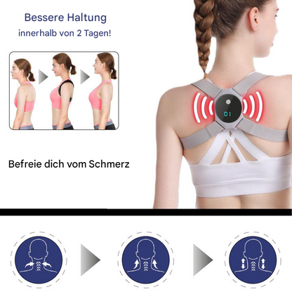 Frau mit Haltungskorrektur-Gurt, Rückenansicht, graues und weißes Design, Schmerzreduktion.