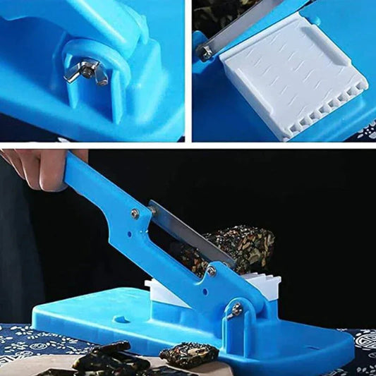Blauer Kunststoff-Seifenschneider mit Klinge, ideal zum präzisen Schneiden von Seifenblöcken.