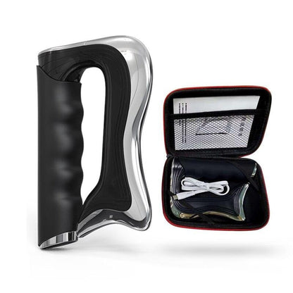 Schwarzer Massagepistolen-Griff mit Zubehörset in Tasche, ergonomisch, tragbar.