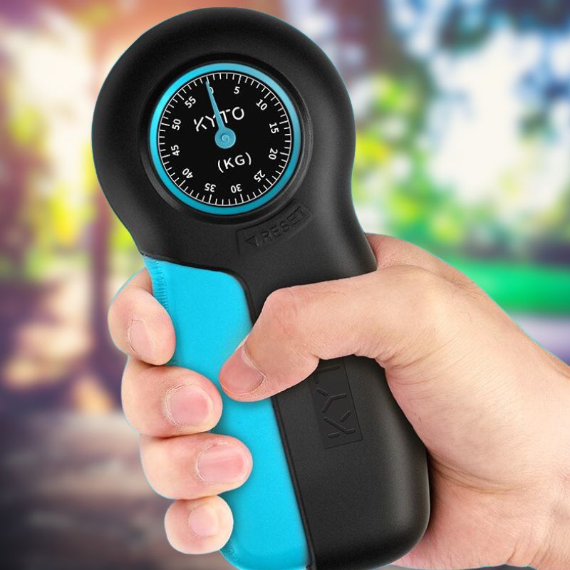 Handkraftmesser, digital, schwarz-blau, ergonomisch, Fitnessgerät, Handstärkemessung.