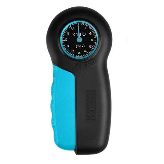 Schwarzer und blauer Handkraftmesser, ergonomisch, mit Skala in Kilogramm, Fitnessgerät.