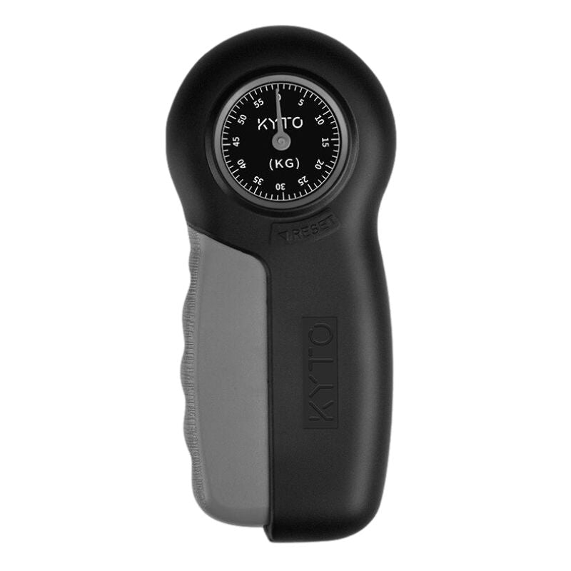 Schwarzer KYTO Handkraftmesser, ergonomisch, digital, Fitnessgerät zur Kraftmessung in Kilogramm.
