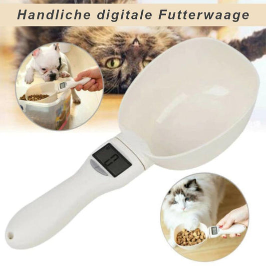 Handliche digitale Futterwaage, 250ml, weiß, mit LED-Display, ideal für Haustierfutter.