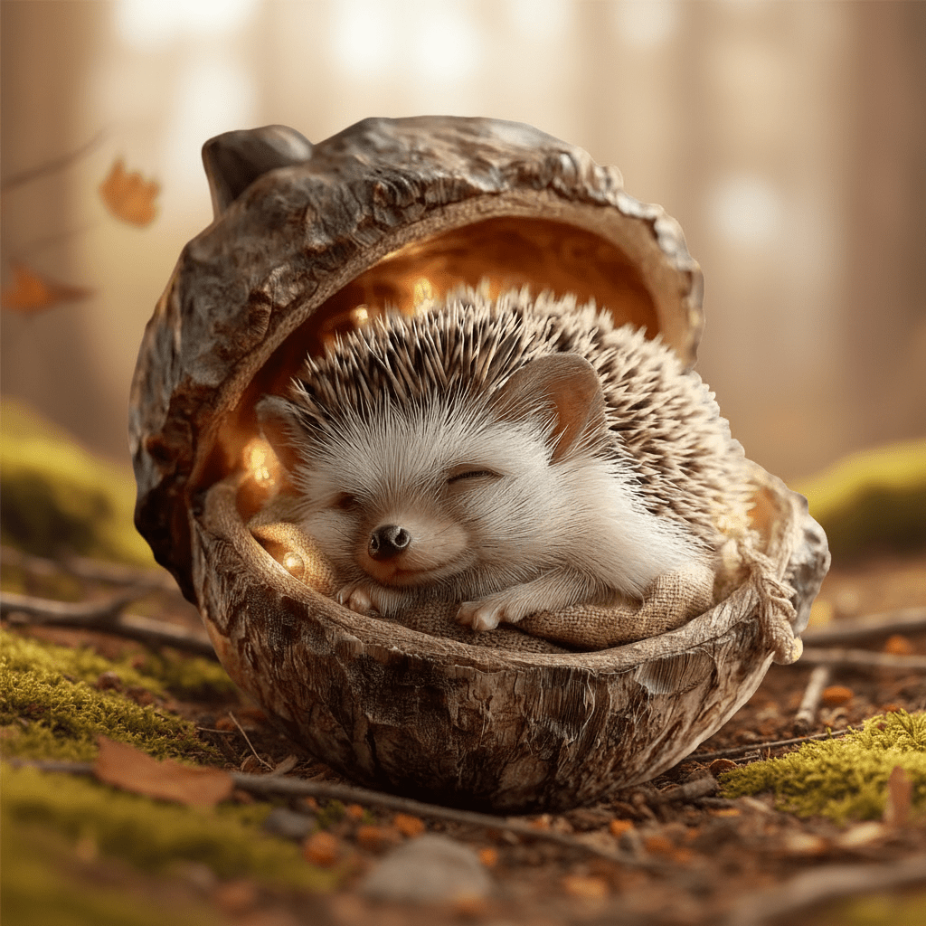 Igel schläft auf Stoff in einer aufgeklappten Eichelschale, umgeben von Moos und Herbstlaub 4
