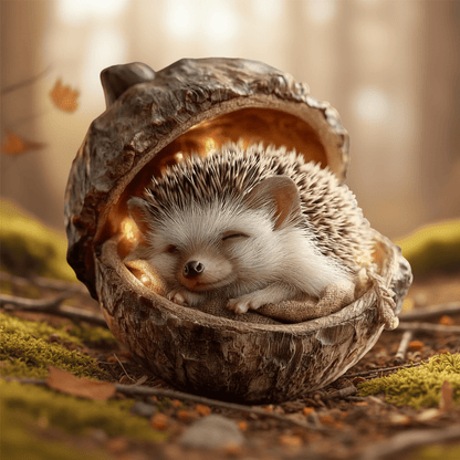 Igel schläft auf Stoff in einer aufgeklappten Eichelschale, umgeben von Moos und Herbstlaub 4