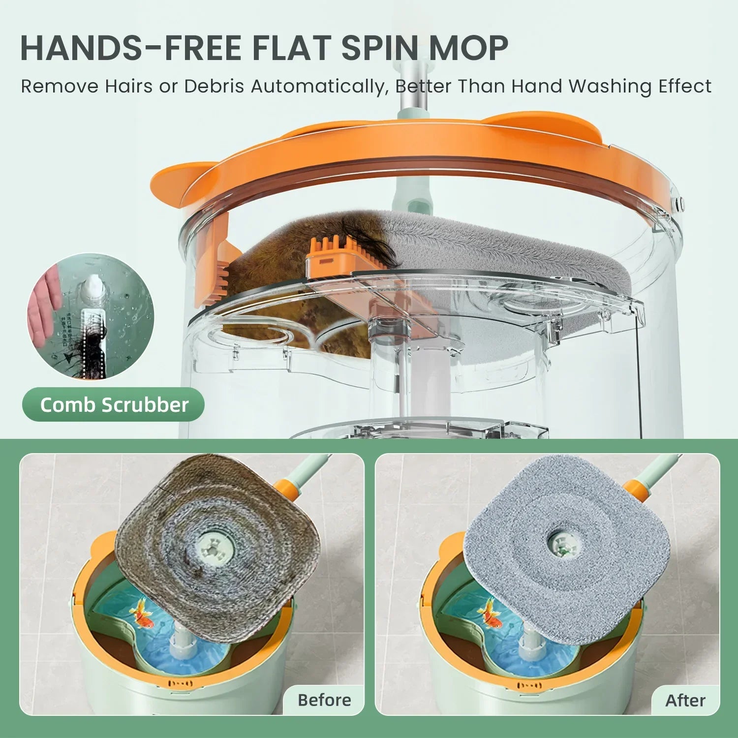 Freihändiger Flachmopp mit Kammreiniger, orange-grau, automatisches Haarentfernungssystem.
