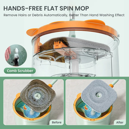 Freihändiger Flachmopp mit Kammreiniger, orange-grau, automatisches Haarentfernungssystem.