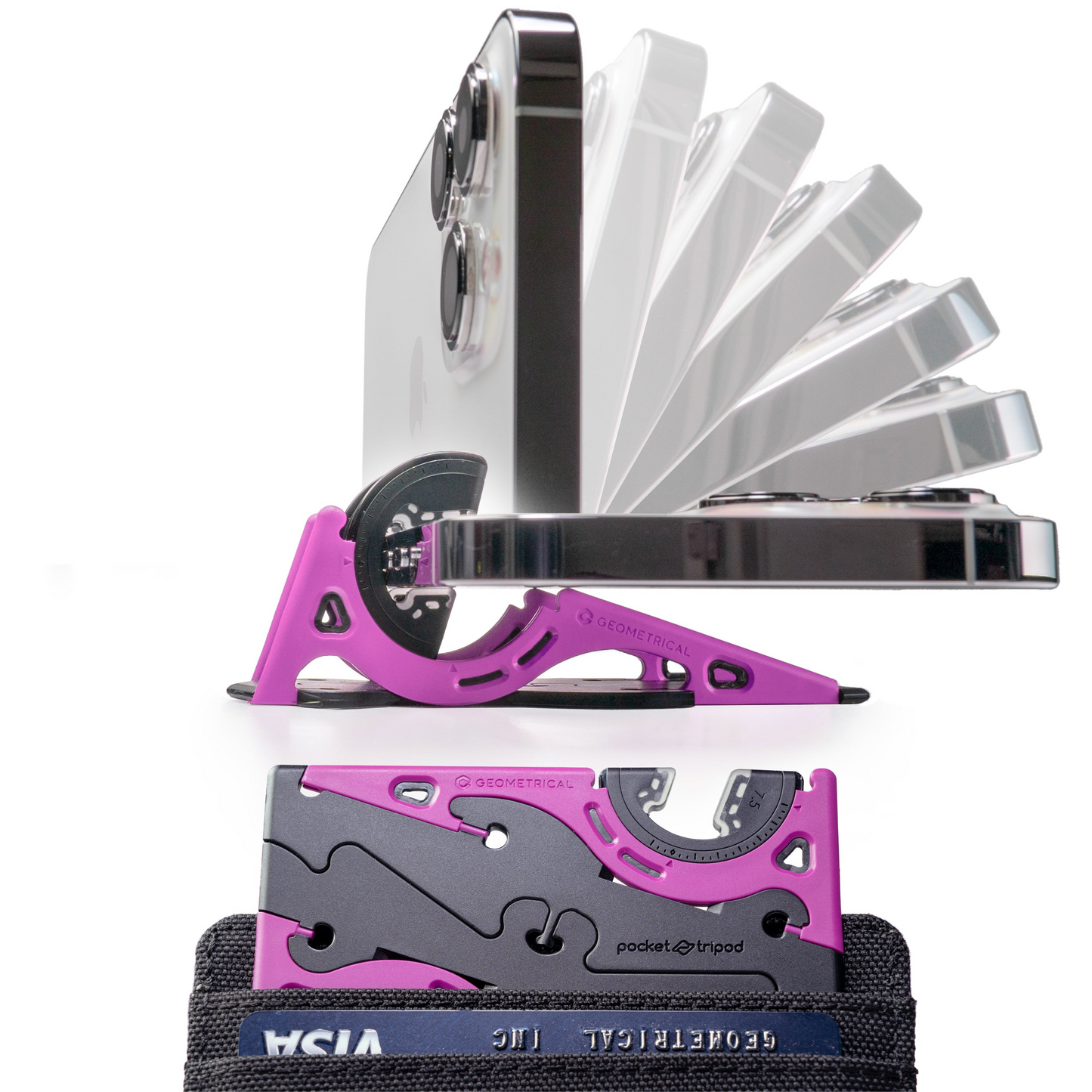 Lila Smartphone-Stativ aus Metall, faltbar, kompakt, ideal für Reisen und Fotografie.