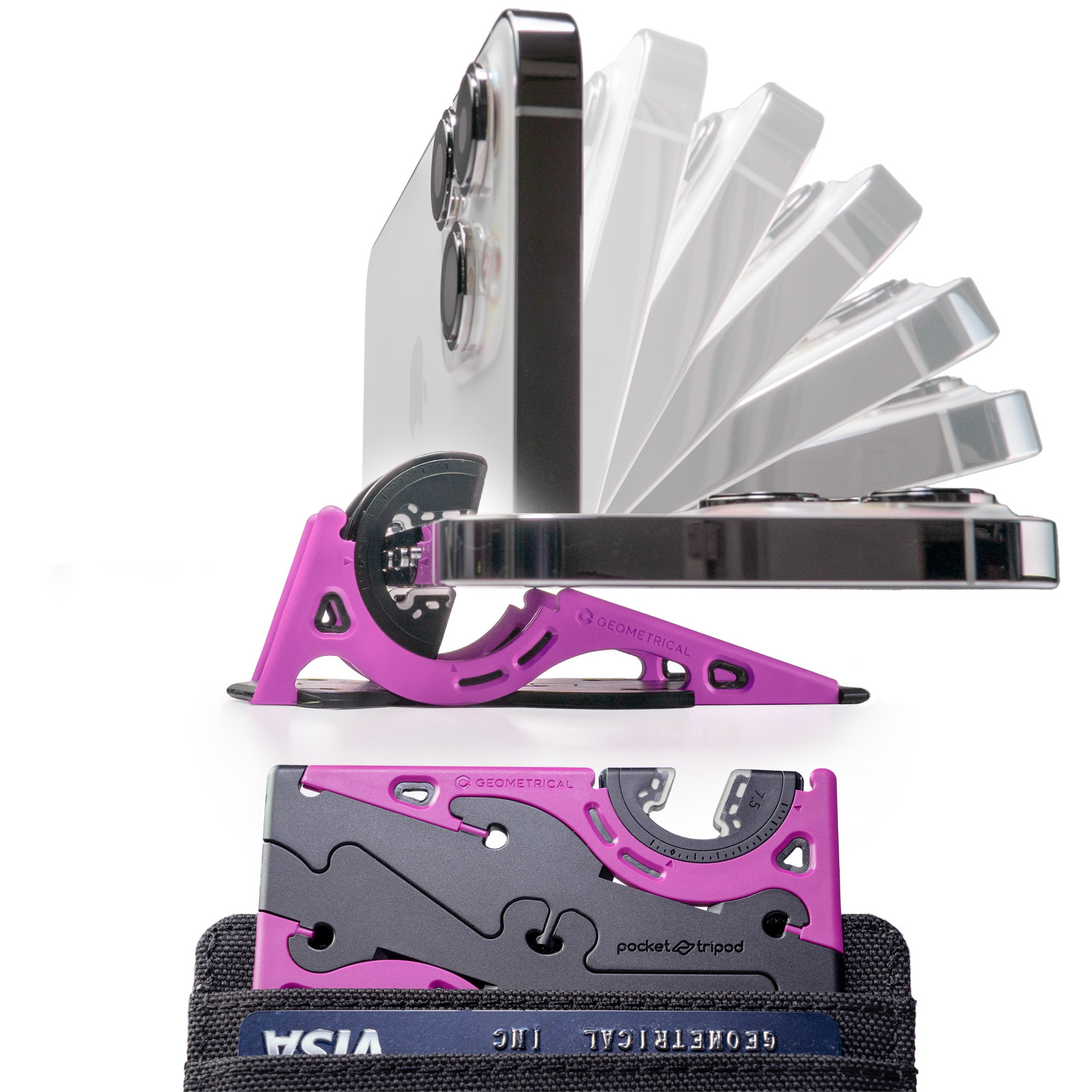 Lila Smartphone-Stativ aus Metall, faltbar, kompakt, ideal für Reisen und Fotografie.