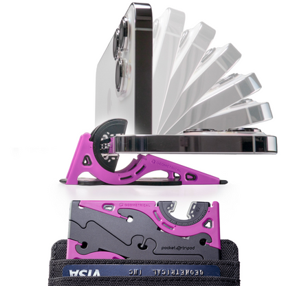 Lila Smartphone-Stativ aus Metall, faltbar, kompakt, ideal für Reisen und Fotografie.