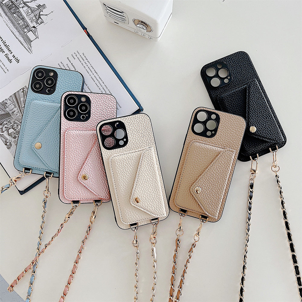 Handyhüllen mit Kette, Lederoptik, in Schwarz, Beige, Rosa, Blau; Crossbody-Design für Karten.