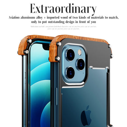 Luxuriöse iPhone-Hülle aus Aluminium und Holz, stoßfest, modernes Design.