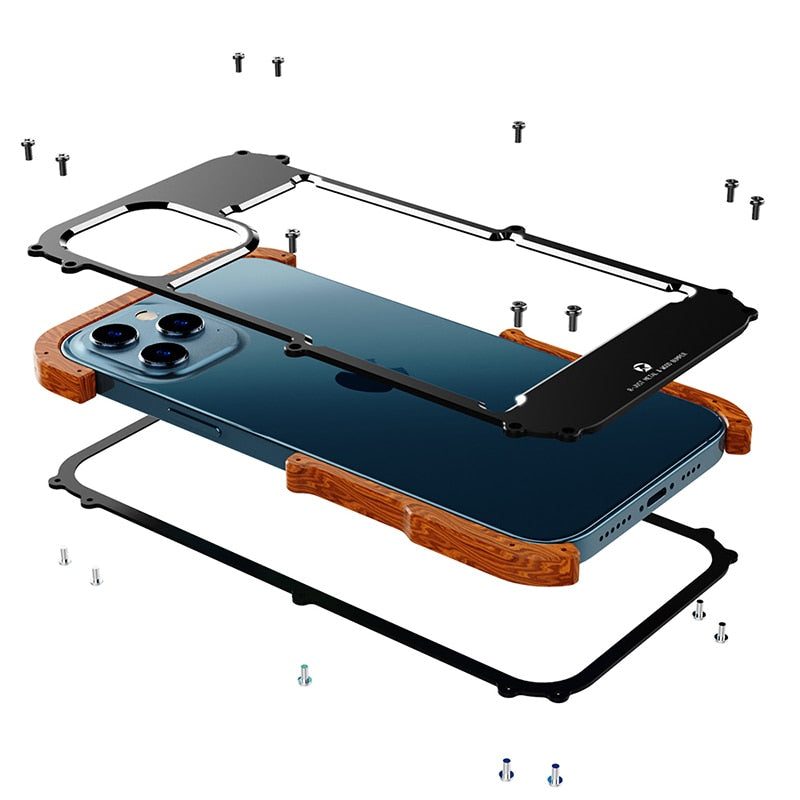 iPhone 13 Pro Hülle, Holz und Metall, stoßfest, Schrauben, Schutz, Blau, Zubehör.