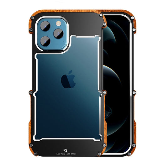 Robustes iPhone 12 Pro Max Case, Metallrahmen, Holzdetails, stoßfest, stilvolles Design.