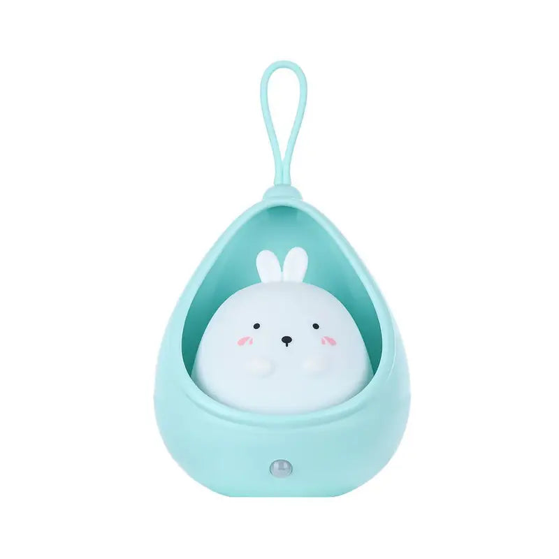 Türkisfarbene Nachtlampe in Tropfenform mit Hasenmotiv, LED, Kinderzimmer-Dekoration.