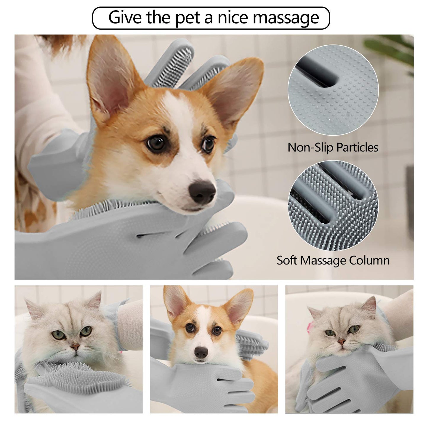 Graue Haustier-Massagehandschuhe für Hunde und Katzen, rutschfest, weiches Silikon.