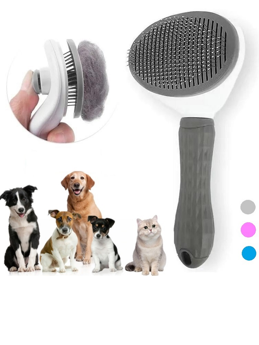 Hundebürste mit grauem Griff, selbstreinigend, für Hunde und Katzen, Fellpflege, Haustierpflege.