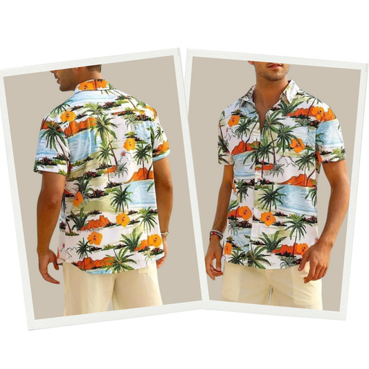Herren Hawaiihemd, tropisches Muster, Palmen, Strand, bunt, Sommermode, Kurzarm.