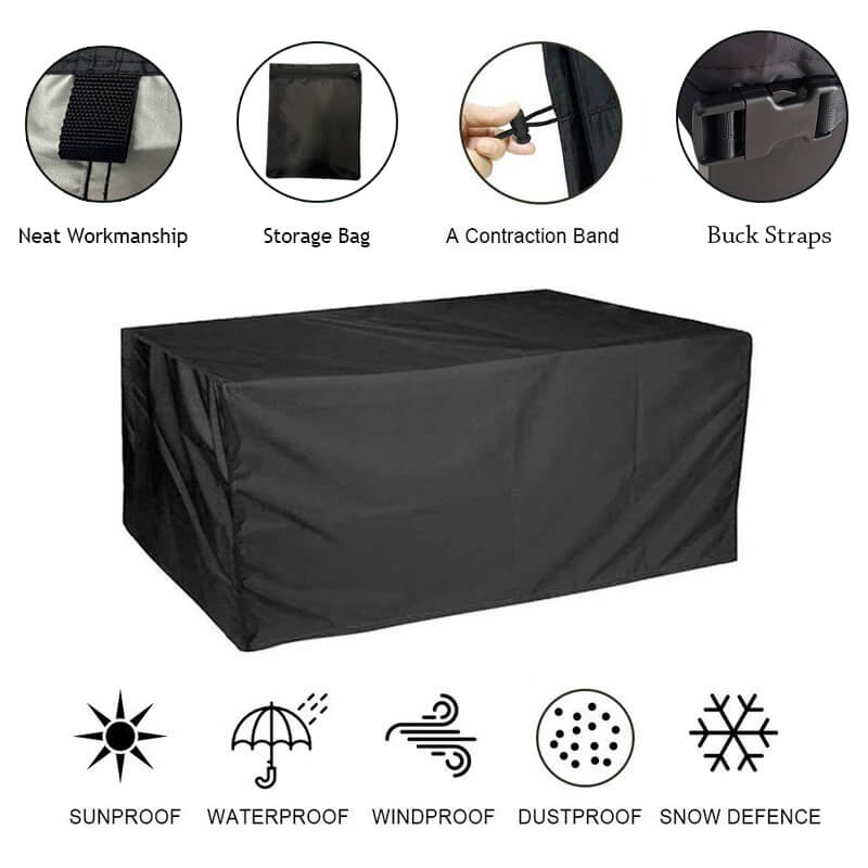 Schwarze Abdeckung mit Detailkreisen zu Gurt, Aufbewahrungstasche, Zugband und Schnalle, darunter Symbole für Schutz vor Sonne, Regen, Wind, Staub und Schnee. 10