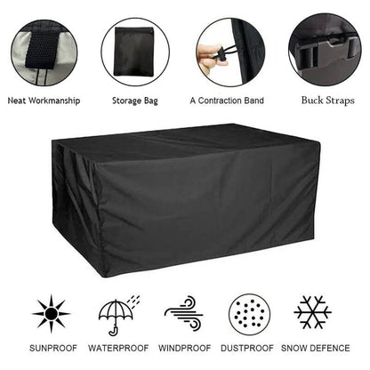 Schwarze Abdeckung mit Detailkreisen zu Gurt, Aufbewahrungstasche, Zugband und Schnalle, darunter Symbole für Schutz vor Sonne, Regen, Wind, Staub und Schnee. 10