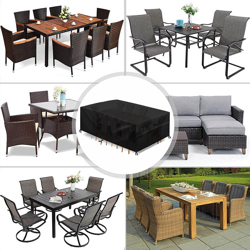 Schwarze Abdeckung in der Mitte, umgeben von sechs Beispielen für Gartenmöbel wie Rattan-Essgruppen, Stuhlsets und Loungeecke. 2