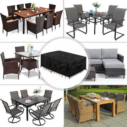 Schwarze Abdeckung in der Mitte, umgeben von sechs Beispielen für Gartenmöbel wie Rattan-Essgruppen, Stuhlsets und Loungeecke. 2