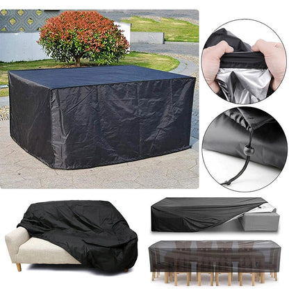 Abdeckung über einem Terrassentisch, mit Detailaufnahmen von Reißverschluss und Zugband sowie Beispielen über Sofa und Esstisch mit Stühlen. 7