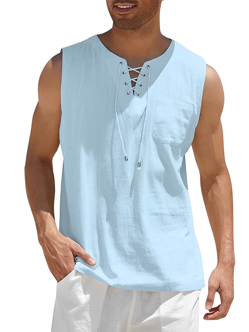 Hellblaues Leinen-Tanktop für Herren mit Schnürung, ärmellos, Sommermode.