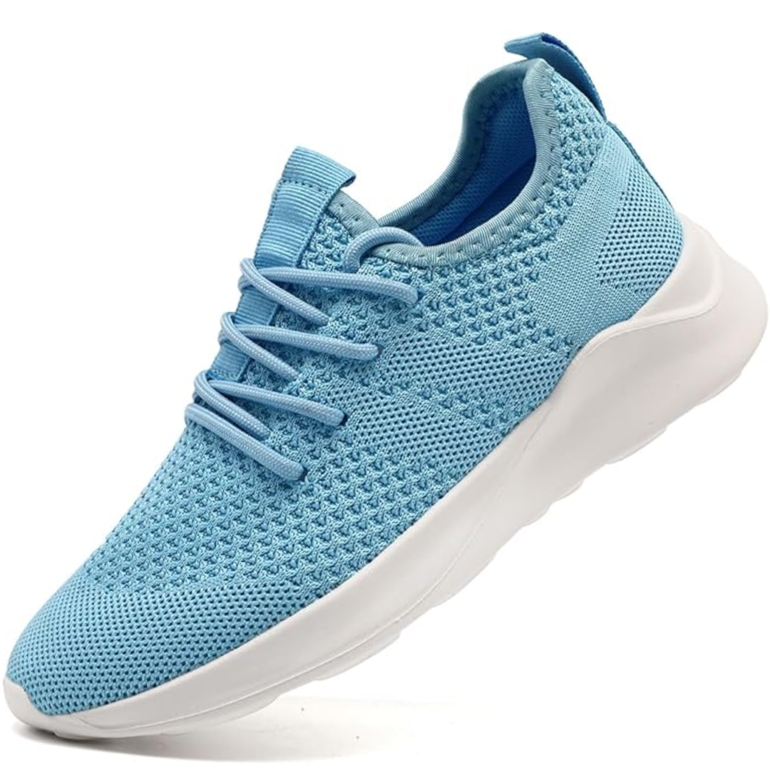 Hellblauer Sneaker aus Mesh, atmungsaktiv, mit weißer Sohle, ideal für Sport und Freizeit.