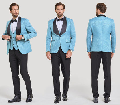 Männeranzug blau mit schwarzem Revers, Smoking, elegant, dreiteilig, Hochzeit, Gala.