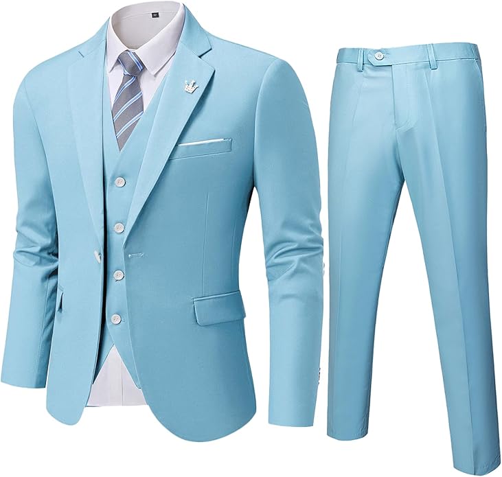 Hellblauer Herrenanzug mit Weste und Krawatte, elegantes Design, ideal für formelle Anlässe.