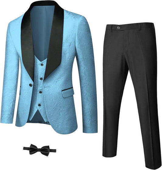 Hellblauer Anzug mit schwarzem Revers, Weste, Hose und Fliege für Herren.