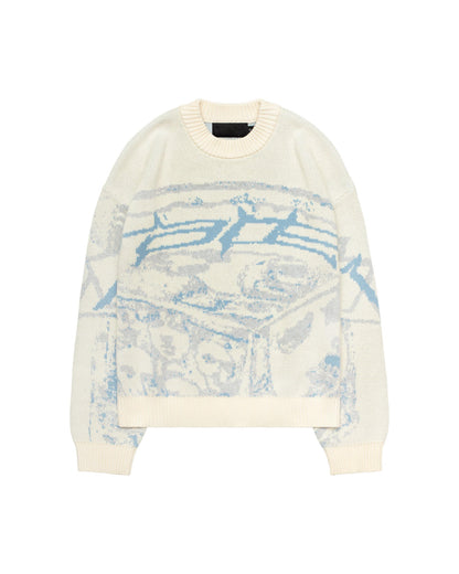 Cremefarbener Strickpullover mit blauem Muster, Rundhalsausschnitt, Baumwolle, Unisex-Mode.