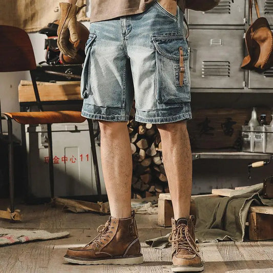 Herren Denim Cargo Shorts | Retro Look | Motorradstil | Sommer | Robust | Trendy-Denim-Blau-S-Luzern Mode
