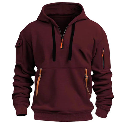 Weinroter Hoodie mit schwarzen Kordeln und orangefarbenen Bändern an der Bauchtasche, Vorderansicht 5