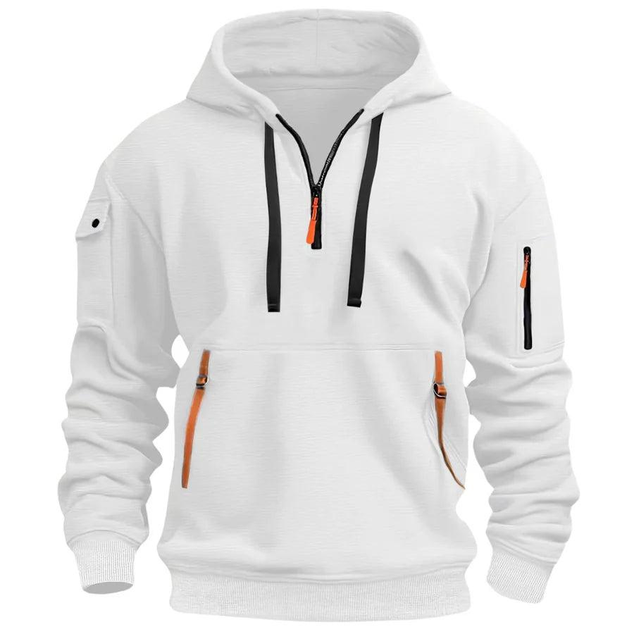 Weißer Hoodie mit schwarzen Kordeln und orangefarbenen Bändern an den Taschen, Vorderansicht 6