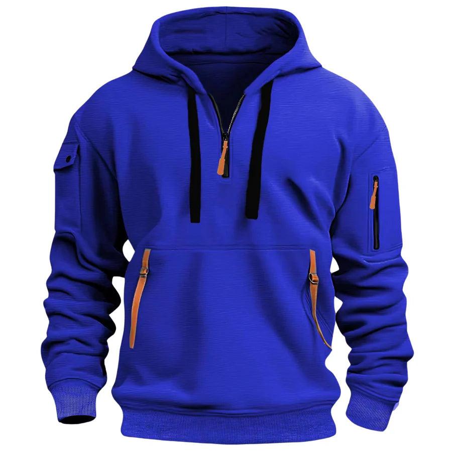Königsblauer Hoodie mit schwarzen Kordeln, orangefarbenen Bändern und Reißverschlusstasche am Ärmel, Vorderansicht 7