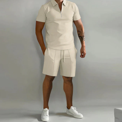 Herren Sportset Sommer | Polo Reißverschluss Shorts | atmungsaktiv bequem modern-Beige-S-Luzern Mode