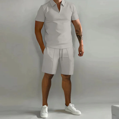 Herren Sportset Sommer | Polo Reißverschluss Shorts | atmungsaktiv bequem modern-Hellgrau-S-Luzern Mode